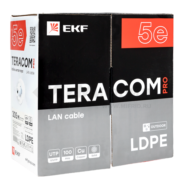 Кабель витая пара U/UTP кат.5E 4 пары 24 AWG solid внешн. LDPE черн. (м) TERACOM PRO EKF TRP-5EUTP-04PE-BK-OUT3