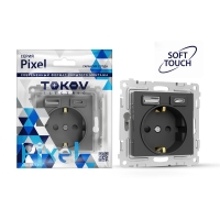 Розетка 1-м СП Pixel IP20 с заземл. с 2-мя заряд. устр. USB тип A+C механизм карбон TOKOV ELECTRIC TKE-PX-R1U2AC-C14