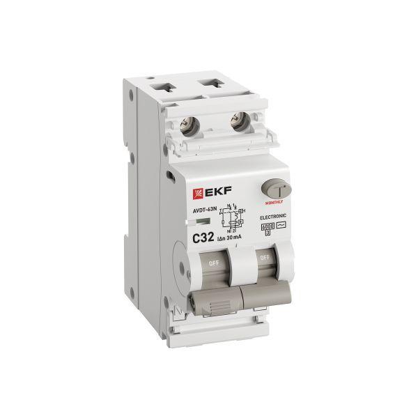 Выключатель автоматический дифференциального тока 2п (1P+N) C 32А 30мА тип AC 6кА АВДТ-63N (электрон.) PROxima EKF D63N26E32C30