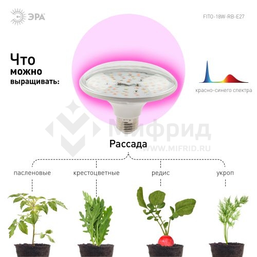 Лампа светодиодная FITO-18W-RB-E27 18Вт E27 для растений красн./син. спектр Эра Б0049533