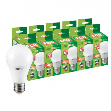 Лампа светодиодная PLED-ECO 7Вт A60 грушевидная 3000К тепл. бел. E27 230В 50Гц (уп.10шт) JazzWay 1033284 Лампа светодиодная PLED-ECO 7Вт A60 грушевидная 3000К тепл. бел. E27 230В 50Гц (уп.10шт) JazzWay 1033284