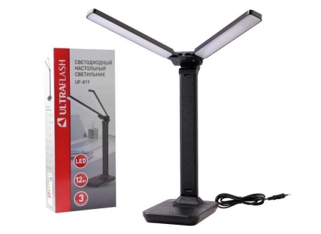 Светильник светодиодный настольный UF-819 C02 12Вт 6000К 3ур. яркости 2 плафона кожа черн. Ultraflash 15164