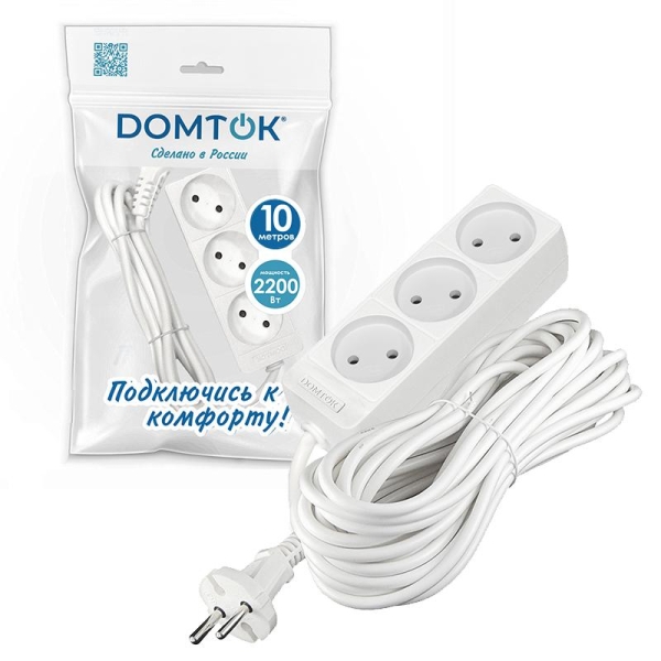 Удлинитель 3х10м без заземл. 10А IP20 2.2кВт ПВС 2х1 бел. DOMTOK 2350 Удлинитель 3х10м без заземл. 10А IP20 2.2кВт ПВС 2х1 бел. DOMTOK 2350