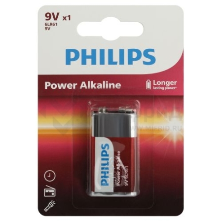 Элемент питания алкалиновый "крона" 6LR61 9В Power (блист.1шт) 6LR61P1B/51 Philips Б0062717
