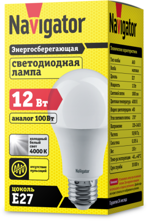 Лампа светодиодная 71 297 NLL-A60-12-230-4K-E27 12Вт грушевидная 4000К нейтр. бел. E27 1000лм 176-264В Navigator 71297 Лампа светодиодная 71 297 NLL-A60-12-230-4K-E27 12Вт грушевидная 4000К нейтр. бел. E27 1000лм 176-264В Navigator 71297
