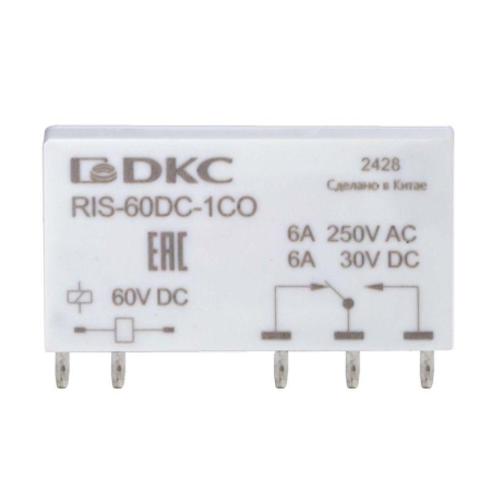 Реле миниатюрное ультратонкое 1CO ком. ток 6А AgSnO2 напряжение 60В DC DKC RIS-60DC-1CO Реле миниатюрное ультратонкое 1CO ком. ток 6А AgSnO2 напряжение 60В DC DKC RIS-60DC-1CO
