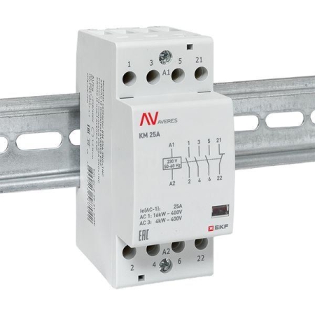 Контактор модульный КМ 25А 3NO+1NC 230В AC (2 мод.) AVERES EKF km-av-2-25-31-230V Контактор модульный КМ 25А 3NO+1NC 230В AC (2 мод.) AVERES EKF km-av-2-25-31-230V