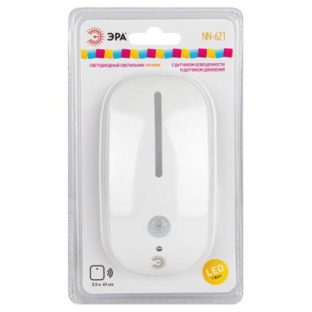 Светильник светодиодный NN-621-LS-MS-W ночник в розетку с датчиком освещенности и датчиком движения бел. ЭРА Б0057212