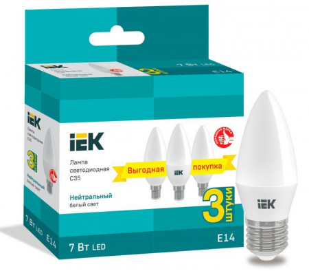 Лампа светодиодная 7Вт C35 свеча 4000К нейтр. бел. E14 230В (уп.3шт) IEK LLE-C35-07-230-40-E14-3 Лампа светодиодная 7Вт C35 свеча 4000К нейтр. бел. E14 230В (уп.3шт) IEK LLE-C35-07-230-40-E14-3
