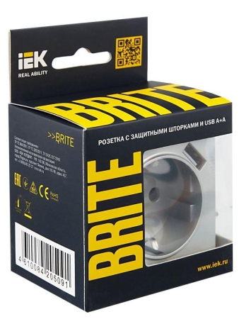 Розетка BRITE РЮш10-1-БрА 16А с USB A+A 2.1А с заземл. защ. шторки механизм алюм. IEK BR-R14-16-U21-D21-K47