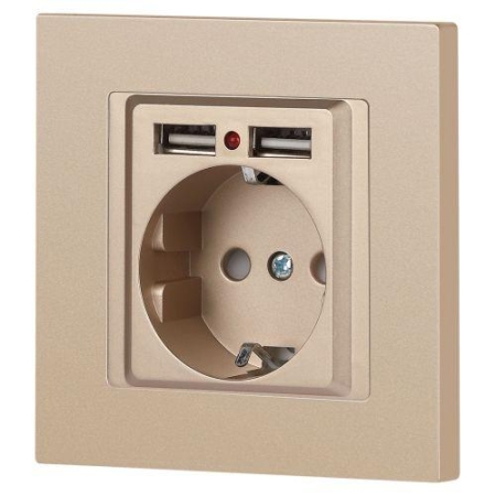 Розетка 1-м СП Accent 6-410-04 16А IP20 250В P+E Schuko + 2хUSB защ. шторки шампань Intro Б0063696 Розетка 1-м СП Accent 6-410-04 16А IP20 250В P+E Schuko + 2хUSB защ. шторки шампань Intro Б0063696