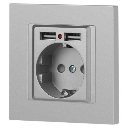 Розетка 1-м СП Accent 6-410-03 16А IP20 250В P+E Schuko + 2хUSB защ. шторки алюм. Intro Б0063694 Розетка 1-м СП Accent 6-410-03 16А IP20 250В P+E Schuko + 2хUSB защ. шторки алюм. Intro Б0063694