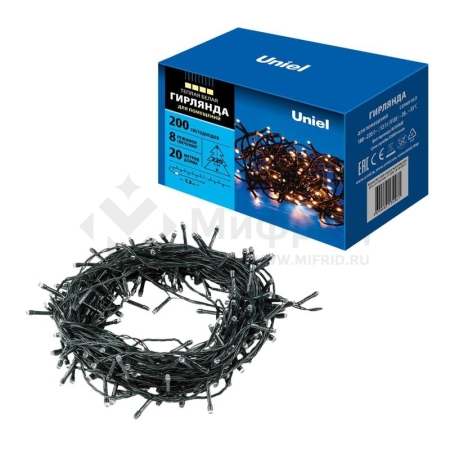 Гирлянда LED ULD-S2000-200/DGA WARM WHITE IP20 20м 200 диодов тепл. бел. свет провод зел. Uniel UL-00007308