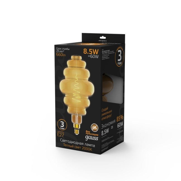 Лампа светодиодная филаментная Black Filament 8.5Вт Honeycomb золотая 2000К тепл. бел. E27 660лм GAUSS 161802105 Лампа светодиодная филаментная Black Filament 8.5Вт Honeycomb золотая 2000К тепл. бел. E27 660лм GAUSS 161802105