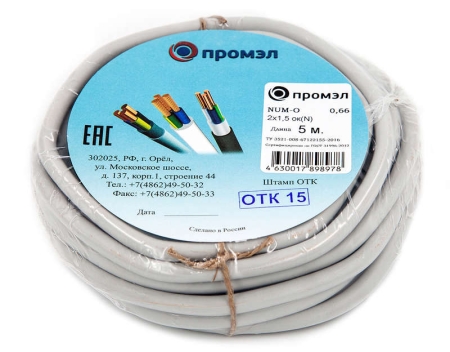 Кабель NUM-O 2х1.5 (бухта 5м) (шт) ПромЭл 13321280 Кабель NUM-O 2х1.5 (бухта 5м) (шт) ПромЭл 13321280