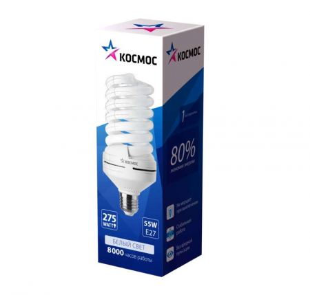 Лампа люминесцентная компакт. SPC 55Вт E27 спиральная 4000К T4 КОСМОС LKsmT4SPC55wE2742 Лампа люминесцентная компакт. SPC 55Вт E27 спиральная 4000К T4 КОСМОС LKsmT4SPC55wE2742
