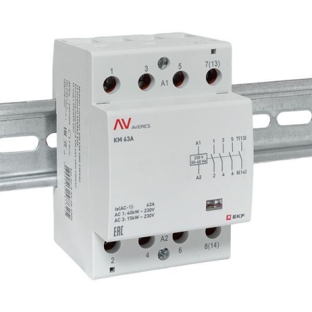 Контактор модульный КМ 63А 4NO 230В AC (3 мод.) AVERES EKF km-av-3-63-40-230V Контактор модульный КМ 63А 4NO 230В AC (3 мод.) AVERES EKF km-av-3-63-40-230V