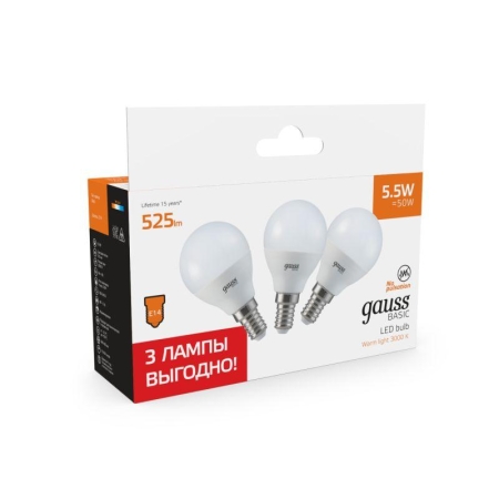 Лампа светодиодная Basic 5.5Вт шар 3000К E14 525лм (уп.3шт) GAUSS 10531152T Лампа светодиодная Basic 5.5Вт шар 3000К E14 525лм (уп.3шт) GAUSS 10531152T