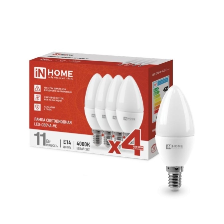 Лампа светодиодная LED-СВЕЧА-VC 4PACK 11Вт 230В E14 4000К 1050лм (уп.4шт) IN HOME 4690612047799 Лампа светодиодная LED-СВЕЧА-VC 4PACK 11Вт 230В E14 4000К 1050лм (уп.4шт) IN HOME 4690612047799
