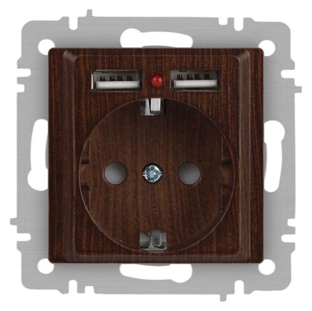 Розетка 1-м СП Accent 6-410-10 16А IP20 250В P+E Schuko + 2хUSB защ. шторки венге Intro Б0063717 Розетка 1-м СП Accent 6-410-10 16А IP20 250В P+E Schuko + 2хUSB защ. шторки венге Intro Б0063717