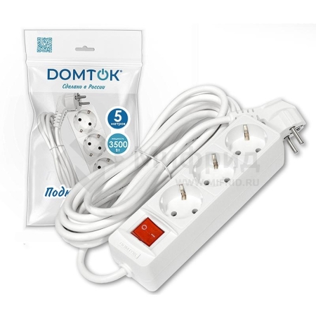 Удлинитель 3х5м с заземл. 16А IP20 3.5кВт ПВС 3х1 с выкл. бел. DOMTOK 2382