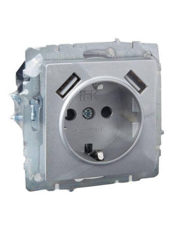 Розетка BRITE РЮш10-2-БрА 16А с USB A+A 3.1А с заземл. защ. шторки механизм алюм. IEK BR-R14-16-U21-D31-K47