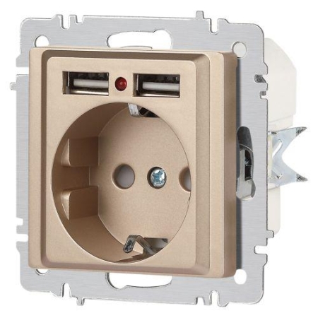 Розетка 1-м СП Accent 6-410-04 16А IP20 250В P+E Schuko + 2хUSB защ. шторки шампань Intro Б0063696 Розетка 1-м СП Accent 6-410-04 16А IP20 250В P+E Schuko + 2хUSB защ. шторки шампань Intro Б0063696