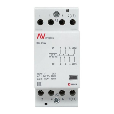 Контактор модульный КМ 25А 4NO 24В AC (2 мод.) AVERES EKF km-av-2-25-40-24V Контактор модульный КМ 25А 4NO 24В AC (2 мод.) AVERES EKF km-av-2-25-40-24V