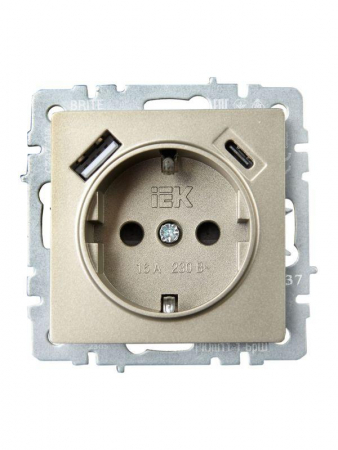 Розетка BRITE РЮш11-1-БрШ 16А с USB A+C 18Вт с заземл. защ. шторки механизм шампань IEK BR-R14-16-U22-018-K37 Розетка BRITE РЮш11-1-БрШ 16А с USB A+C 18Вт с заземл. защ. шторки механизм шампань IEK BR-R14-16-U22-018-K37