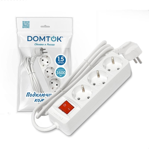Удлинитель 3х1.5м с заземл. 16А IP20 3.5кВт ПВС 3х1 с выкл. бел. DOMTOK 2379 Удлинитель 3х1.5м с заземл. 16А IP20 3.5кВт ПВС 3х1 с выкл. бел. DOMTOK 2379