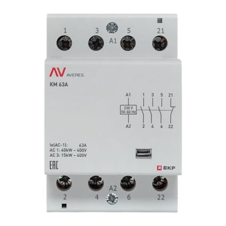 Контактор модульный КМ 63А 3NO+1NC 230В AC (3 мод.) AVERES EKF km-av-3-63-31-230V Контактор модульный КМ 63А 3NO+1NC 230В AC (3 мод.) AVERES EKF km-av-3-63-31-230V
