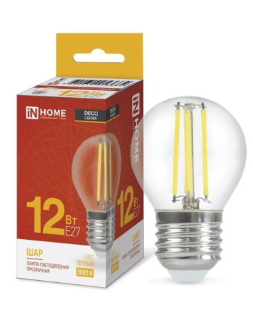 Лампа светодиодная LED-ШАР-deco 12Вт 230В E27 3000К 1350лм прозрачная IN HOME 4690612053684 Лампа светодиодная LED-ШАР-deco 12Вт 230В E27 3000К 1350лм прозрачная IN HOME 4690612053684