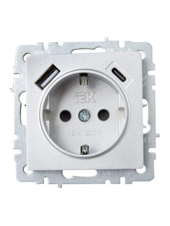 Розетка BRITE РЮш11-1-БрА 16А с USB A+C 18Вт с заземл. защ. шторки механизм алюм. IEK BR-R14-16-U22-018-K47 Розетка BRITE РЮш11-1-БрА 16А с USB A+C 18Вт с заземл. защ. шторки механизм алюм. IEK BR-R14-16-U22-018-K47