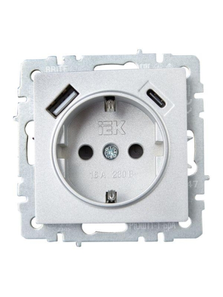 Розетка BRITE РЮш11-1-БрА 16А с USB A+C 18Вт с заземл. защ. шторки механизм алюм. IEK BR-R14-16-U22-018-K47