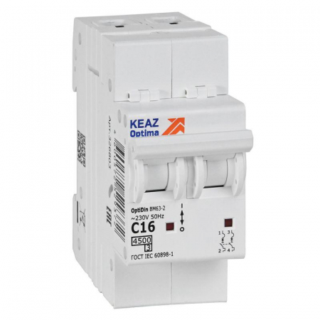 Выключатель автоматический модульный 2п C 16А 4.5кА OptiDin BM63-2C16-4.5-УХЛ3 КЭАЗ 326803