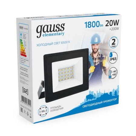 Прожектор светодиодный Elementary 20Вт 6500К IP65 1800лм 200-240В ДО черн. GAUSS 613100320 Прожектор светодиодный Elementary 20Вт 6500К IP65 1800лм 200-240В ДО черн. GAUSS 613100320