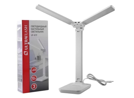 Светильник светодиодный настольный UF-819 C01 12Вт 6000К 3 ур. яркости 2 плафона кожа бел. Ultraflash 15163