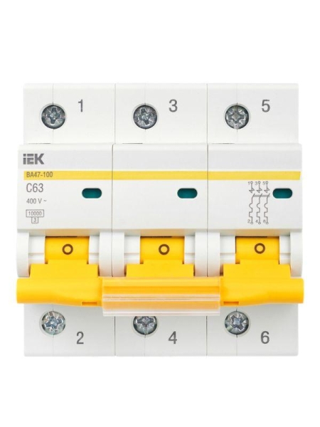 Выключатель автоматический модульный 3п C 63А 10кА ВА47-100 KARAT IEK MVA40-3-063-C Выключатель автоматический модульный 3п C 63А 10кА ВА47-100 KARAT IEK MVA40-3-063-C