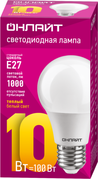 Лампа светодиодная 71 649 OLL-A60-10-230-2.7K-E27 10Вт грушевидная 2700К тепл. бел. E27 1000лм 176-264В ОНЛАЙТ 71649