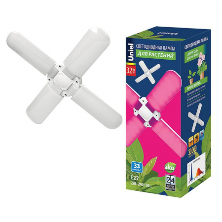 Лампа светодиодная LED-P65-32W/SPSB/E27/FR/P4 PLP32WH 32Вт P65 лепестковая матовая E27 для растений спектр для рассады и цветения (упак. картон) Uniel UL-00007408 Лампа светодиодная LED-P65-32W/SPSB/E27/FR/P4 PLP32WH 32Вт P65 лепестковая матовая E27 для растений спектр для рассады и цветения (упак. картон) Uniel UL-00007408
