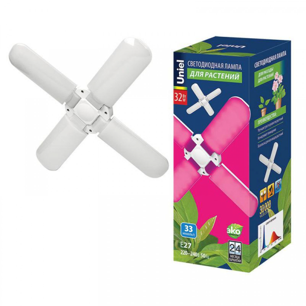 Лампа светодиодная LED-P65-32W/SPSB/E27/FR/P4 PLP32WH 32Вт P65 лепестковая матовая E27 для растений спектр для рассады и цветения (упак. картон) Uniel UL-00007408 Лампа светодиодная LED-P65-32W/SPSB/E27/FR/P4 PLP32WH 32Вт P65 лепестковая матовая E27 для растений спектр для рассады и цветения (упак. картон) Uniel UL-00007408