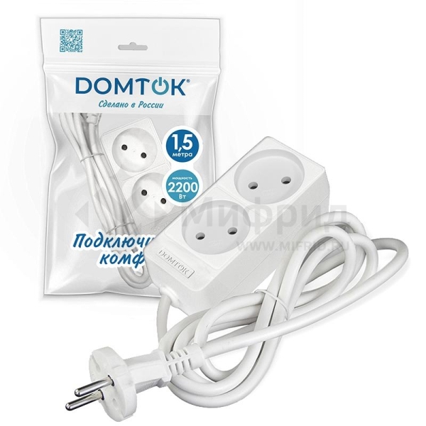 Удлинитель 2х1.5м без заземл. 10А IP20 2.2кВт ПВС 2х1 бел. DOMTOK 2344