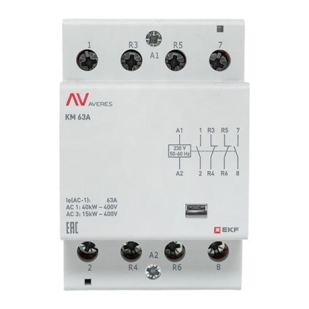 Контактор модульный КМ 63А 2NO+2NC 230В AC (3 мод.) AVERES EKF km-av-3-63-22-230V Контактор модульный КМ 63А 2NO+2NC 230В AC (3 мод.) AVERES EKF km-av-3-63-22-230V