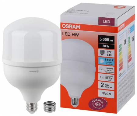 Лампа светодиодная высокомощная LED HW 50Вт T матовая 6500К холод. бел. E27 5000лм 140-265В с адаптером E40 угол пучка 200град. PF>/=09 (замена 500Вт) OSRAM 4058075576872 Лампа светодиодная высокомощная LED HW 50Вт T матовая 6500К холод. бел. E27 5000лм 140-265В с адаптером E40 угол пучка 200град. PF>/=09 (замена 500Вт) OSRAM 4058075576872