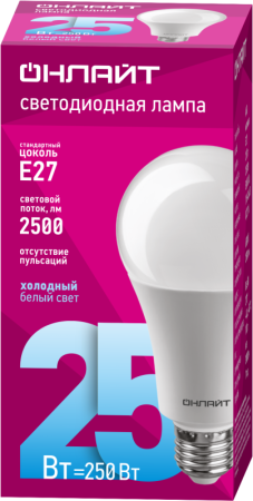 Лампа светодиодная 61 955 OLL-A60-25-230-6.5K-E27 25Вт грушевидная 6500К холод. бел. E27 2500лм 176-264В ОНЛАЙТ 61955