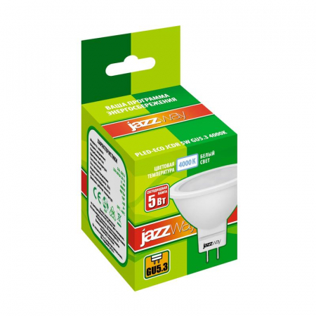 Лампа светодиодная PLED-ECO 5Вт JCDR MR16 рефлектор матовая 4000К нейтр. бел. GU5.3 400лм 230В 50Гц JazzWay 1037107A Лампа светодиодная PLED-ECO 5Вт JCDR MR16 рефлектор матовая 4000К нейтр. бел. GU5.3 400лм 230В 50Гц JazzWay 1037107A