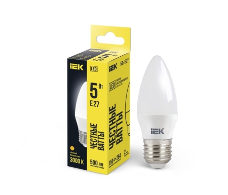 Лампа светодиодная C35 5Вт свеча 3000К тепл. бел. E27 450лм 230-240В IEK LLE-C35-5-230-30-E27