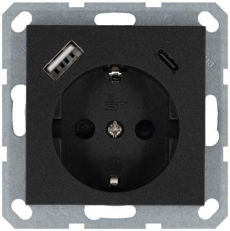 Розетка Shuko 16А с заземл. защ. шторки с 2-мя заряд. устройствами USB тип A+C 25Вт механизм антрацит Jasmart G5501USB-25B Розетка Shuko 16А с заземл. защ. шторки с 2-мя заряд. устройствами USB тип A+C 25Вт механизм антрацит Jasmart G5501USB-25B