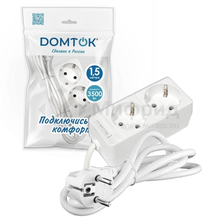Удлинитель 2х1.5м с заземл. 16А IP20 3.5кВт ПВС 3х1 бел. DOMTOK 2384
