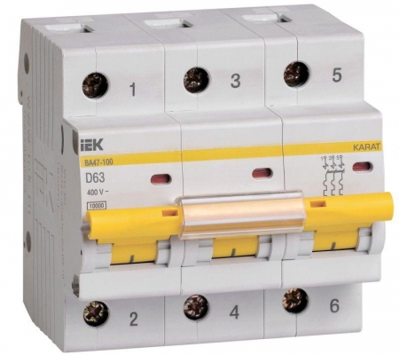 Выключатель автоматический модульный 3п D 63А 10кА ВА47-100 KARAT IEK MVA40-3-063-D Выключатель автоматический модульный 3п D 63А 10кА ВА47-100 KARAT IEK MVA40-3-063-D